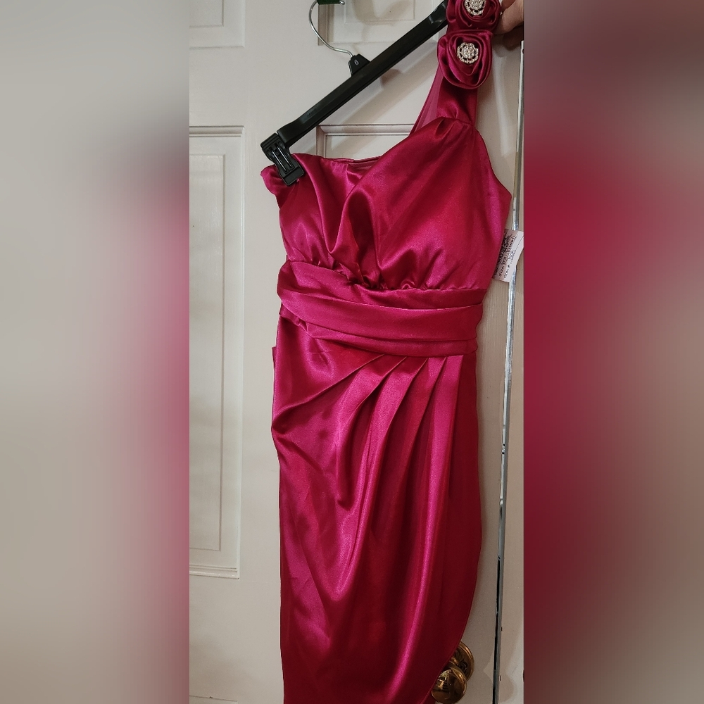Elegant Fuchsia Satin Dress - One Shoulder - Juniors Size 11